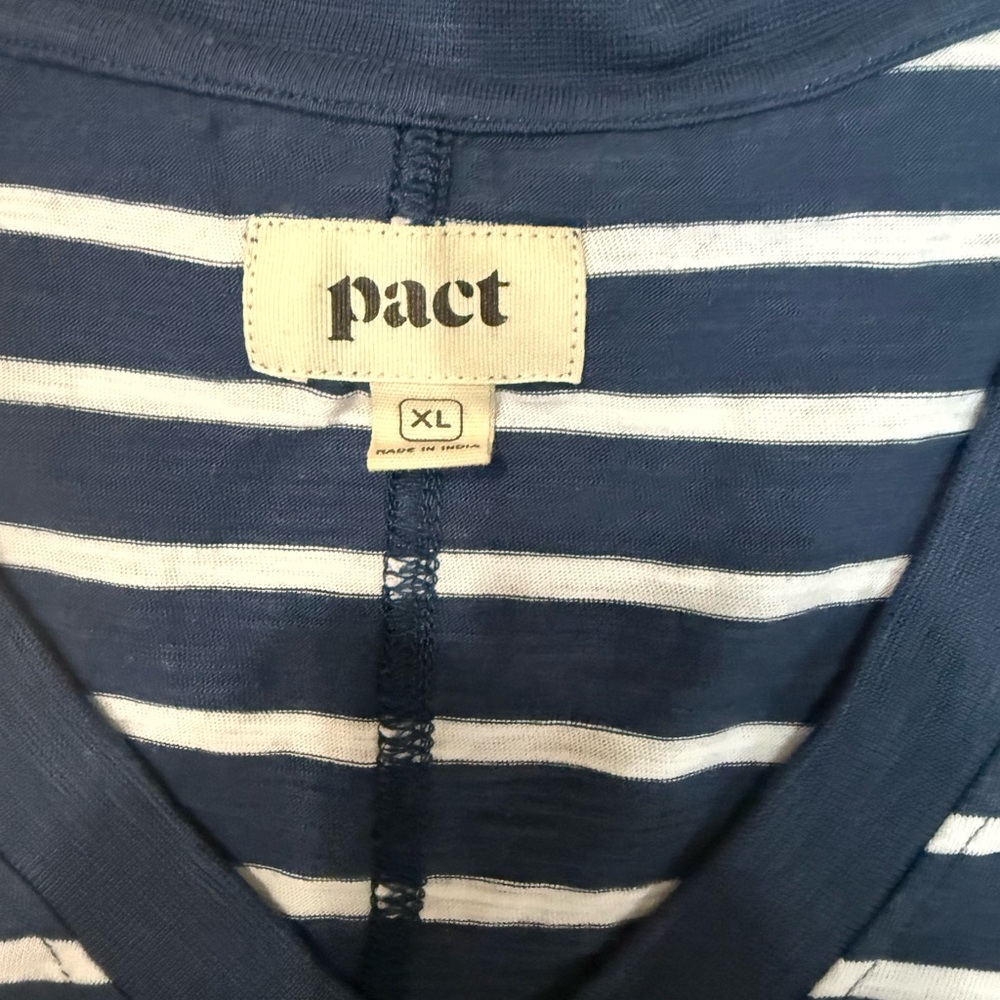 Pact Organic Cotton Striped Tee XL Blue White V Neck 3/4 Sleeve Top - Picture 3 of 8